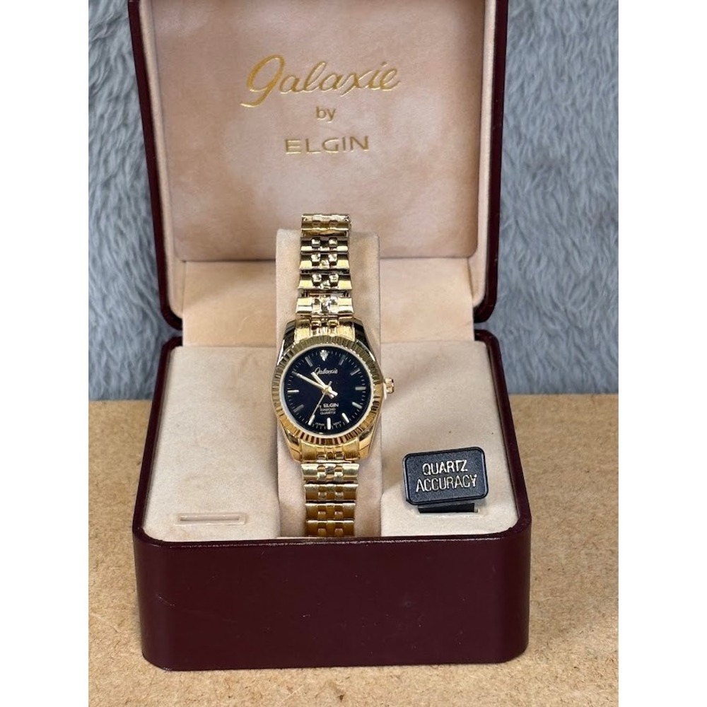 Elgin Galaxie Womens Gold Tone Watch Black Dial Diamond Accnt FM295 Need Battery